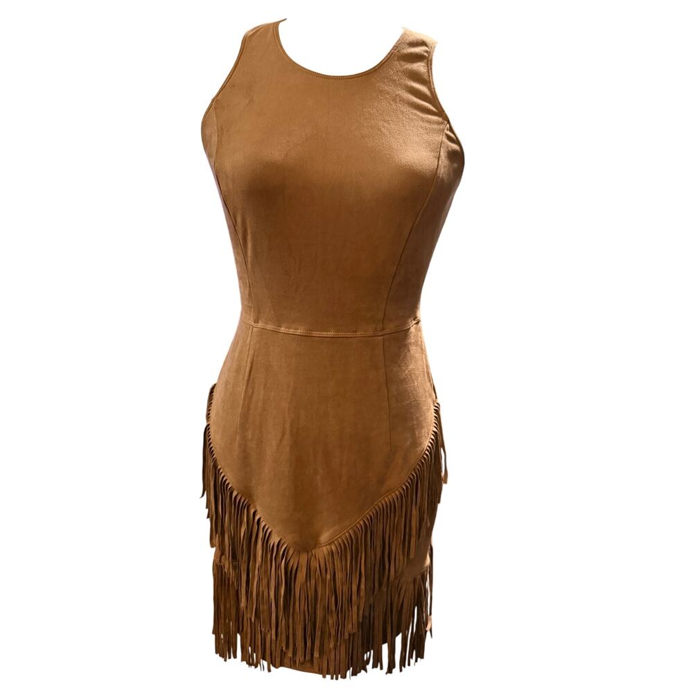 Halara Faux Suede Fringe Mini Dress, Brown Western Cowgirl Rodeo, Small